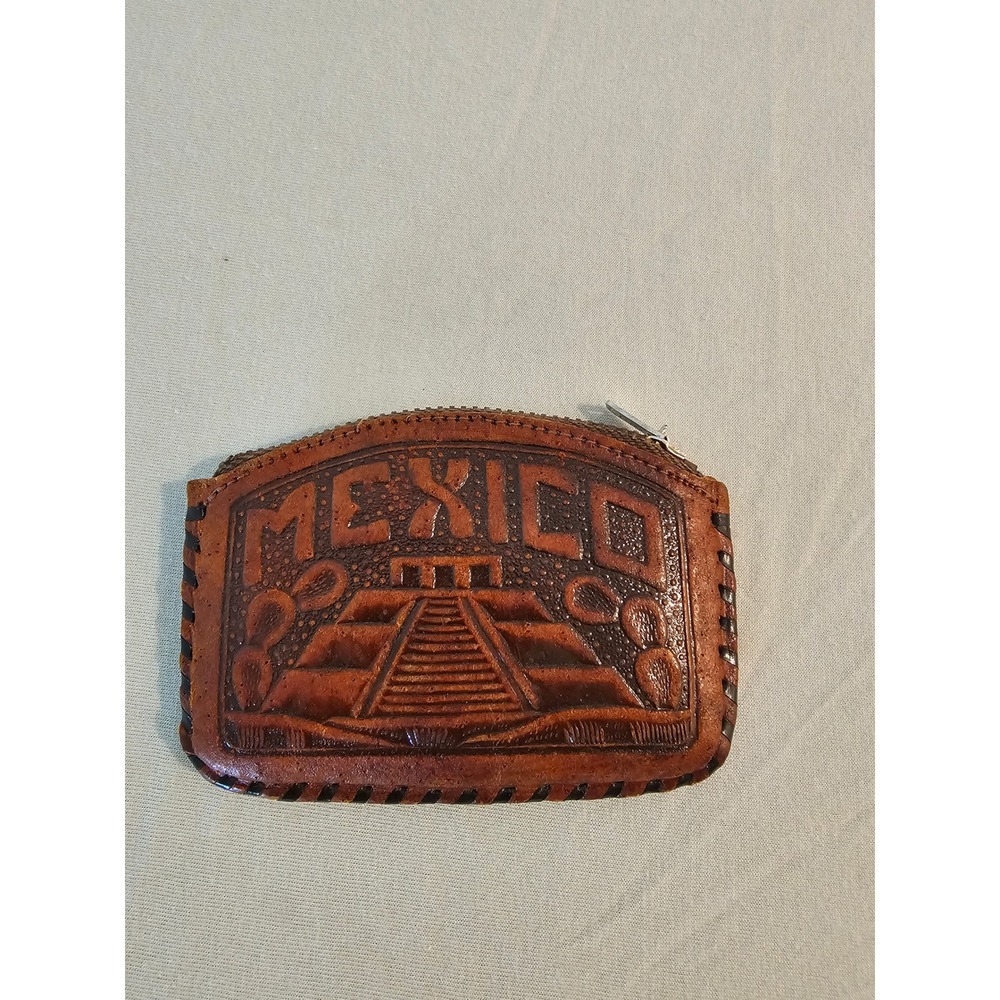 Leather Coin Pouch Brown Tooled Mexico Pyramid Aztec Calendar Vintage